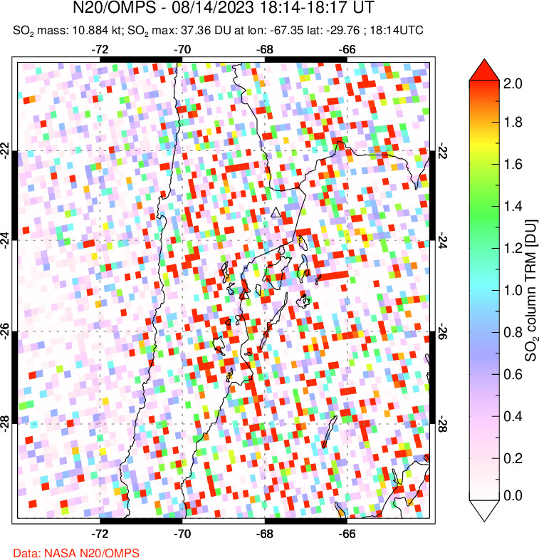 A sulfur dioxide image over Northern Chile on Aug 14, 2023.