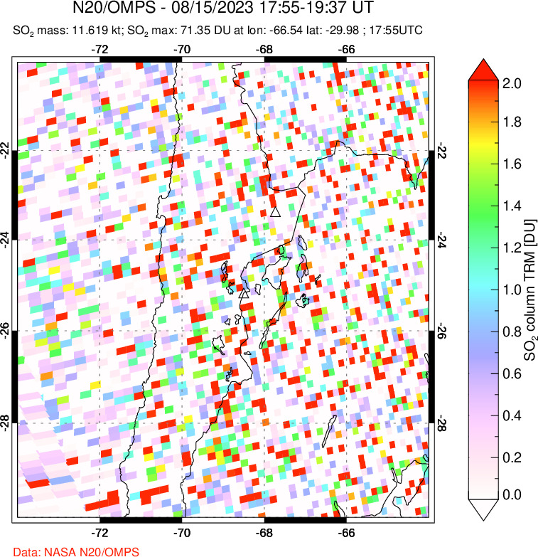 A sulfur dioxide image over Northern Chile on Aug 15, 2023.