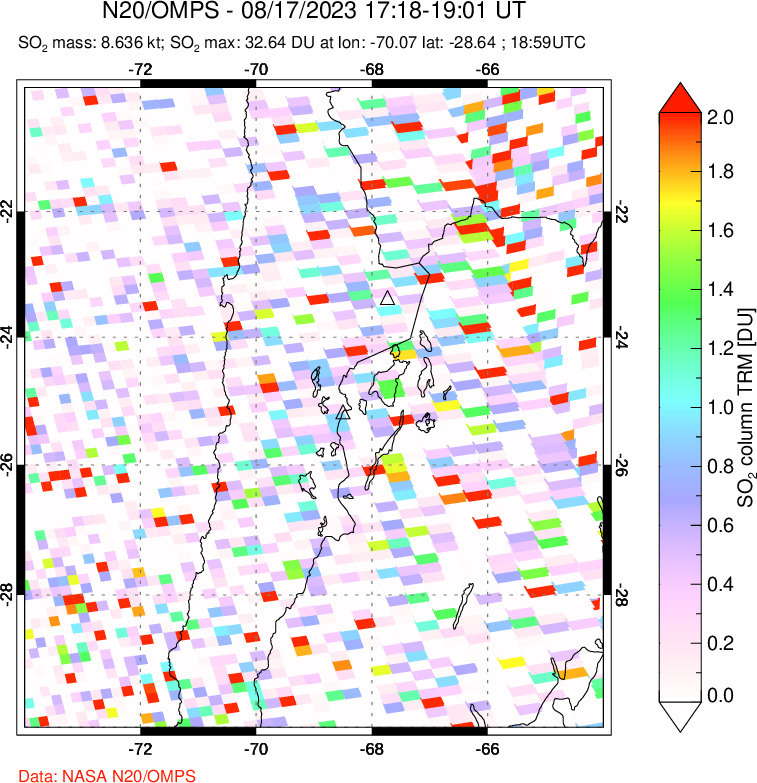 A sulfur dioxide image over Northern Chile on Aug 17, 2023.