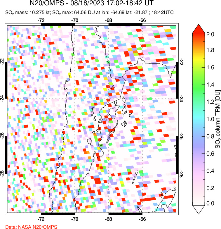 A sulfur dioxide image over Northern Chile on Aug 18, 2023.