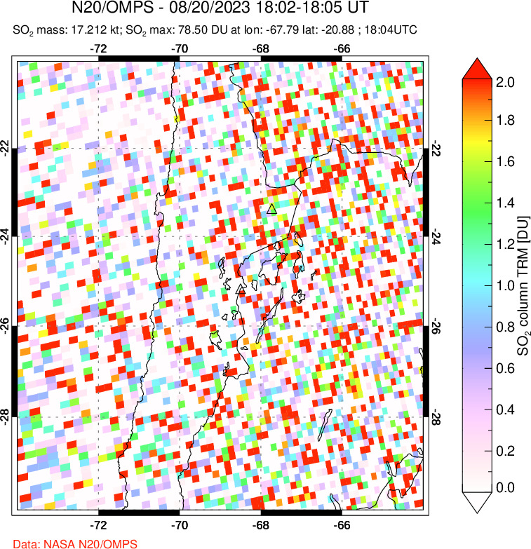 A sulfur dioxide image over Northern Chile on Aug 20, 2023.