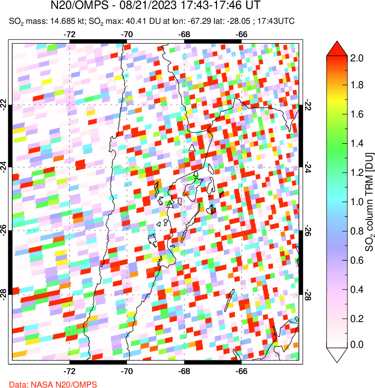 A sulfur dioxide image over Northern Chile on Aug 21, 2023.