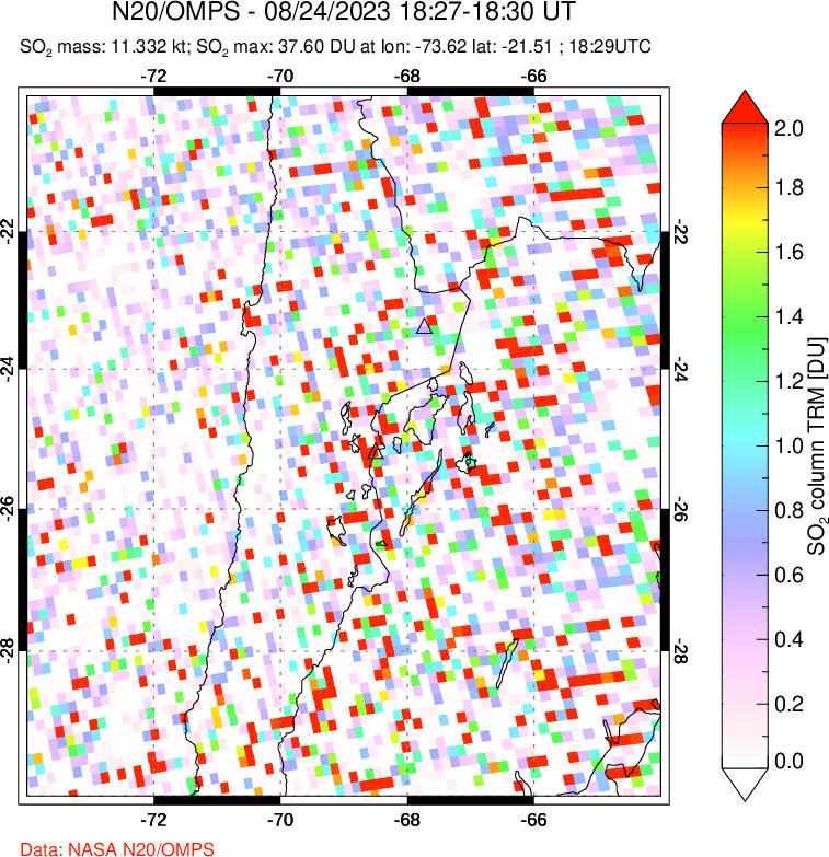 A sulfur dioxide image over Northern Chile on Aug 24, 2023.