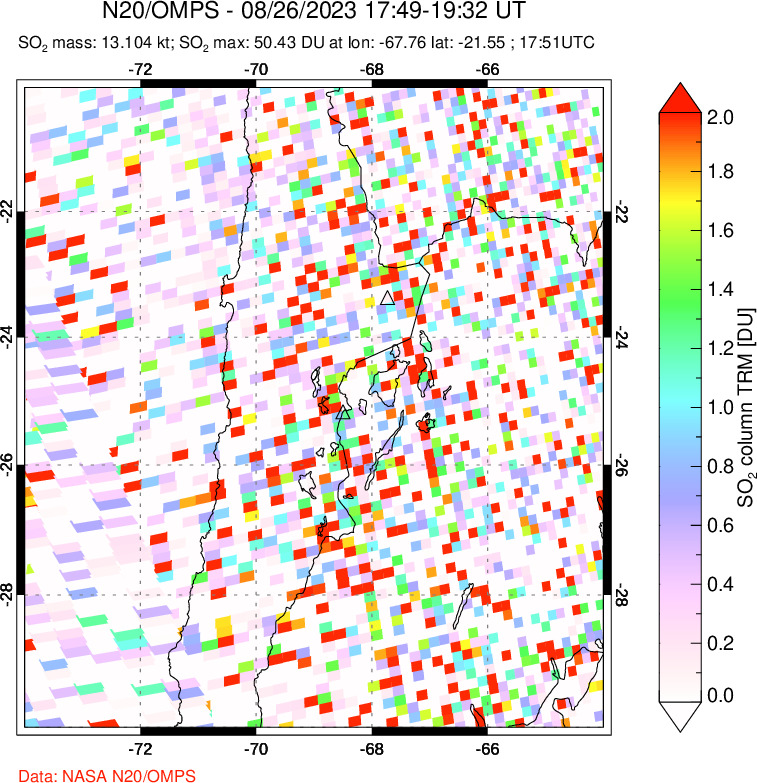 A sulfur dioxide image over Northern Chile on Aug 26, 2023.