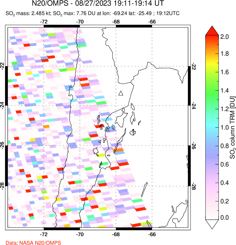 A sulfur dioxide image over Northern Chile on Aug 27, 2023.