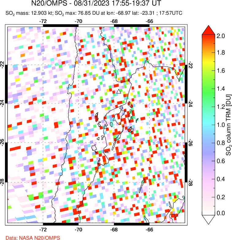 A sulfur dioxide image over Northern Chile on Aug 31, 2023.