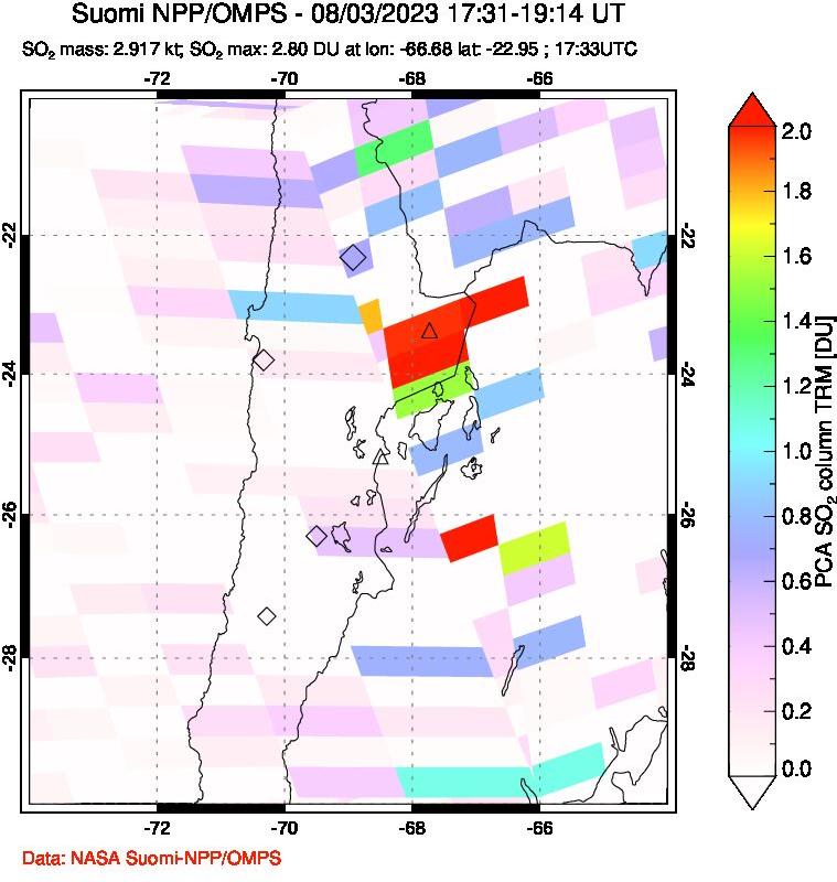 A sulfur dioxide image over Northern Chile on Aug 03, 2023.