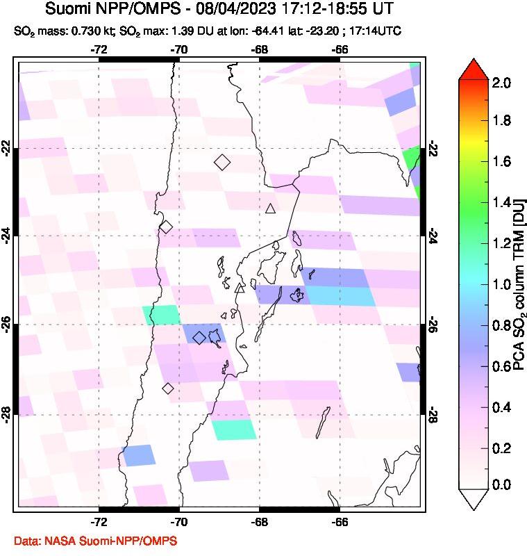 A sulfur dioxide image over Northern Chile on Aug 04, 2023.