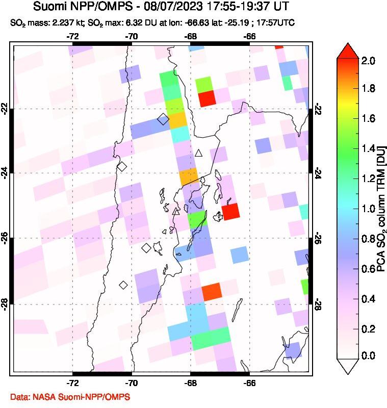 A sulfur dioxide image over Northern Chile on Aug 07, 2023.