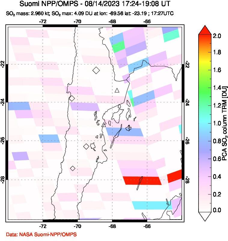 A sulfur dioxide image over Northern Chile on Aug 14, 2023.