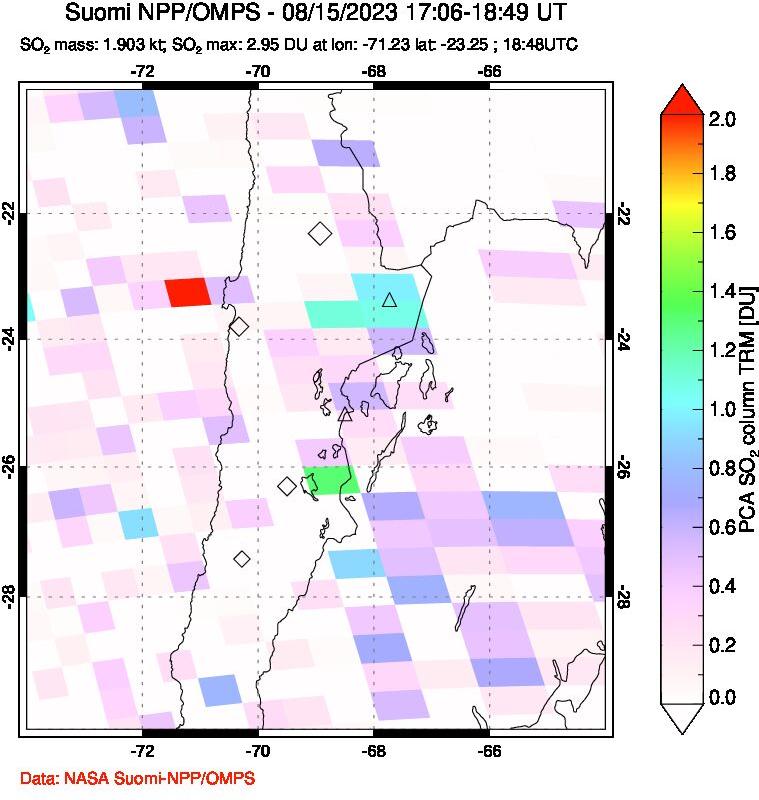 A sulfur dioxide image over Northern Chile on Aug 15, 2023.