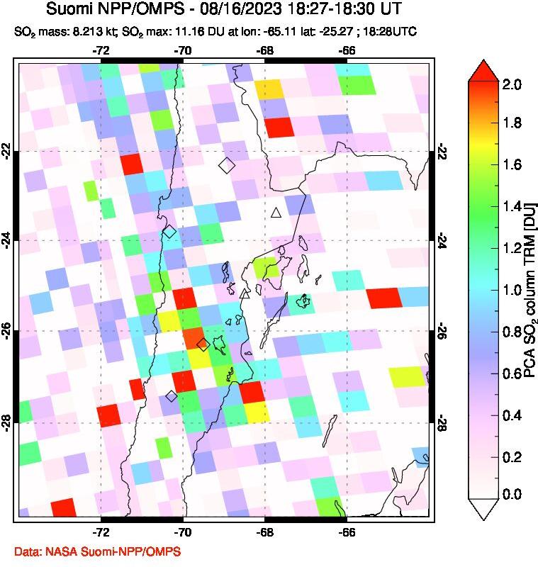 A sulfur dioxide image over Northern Chile on Aug 16, 2023.