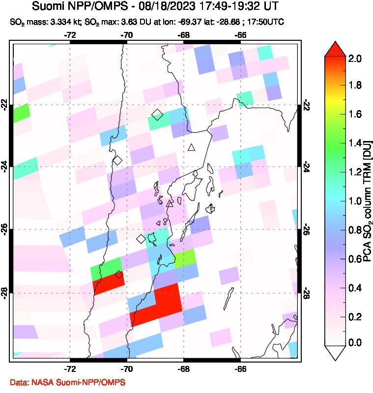 A sulfur dioxide image over Northern Chile on Aug 18, 2023.