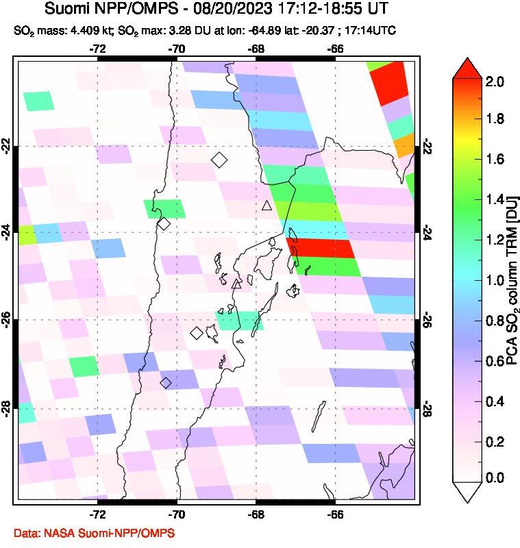 A sulfur dioxide image over Northern Chile on Aug 20, 2023.