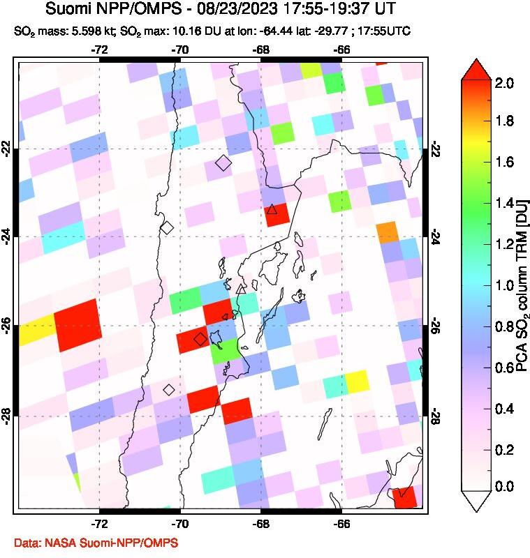 A sulfur dioxide image over Northern Chile on Aug 23, 2023.