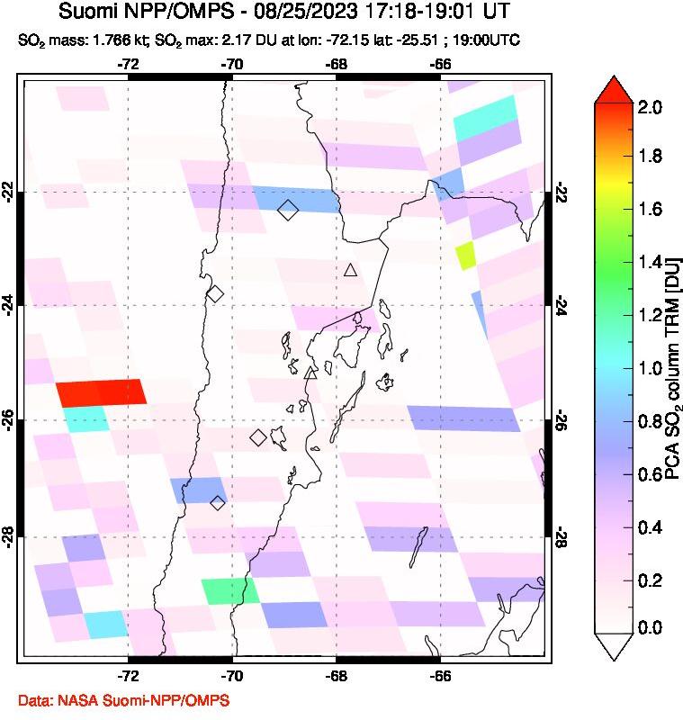 A sulfur dioxide image over Northern Chile on Aug 25, 2023.