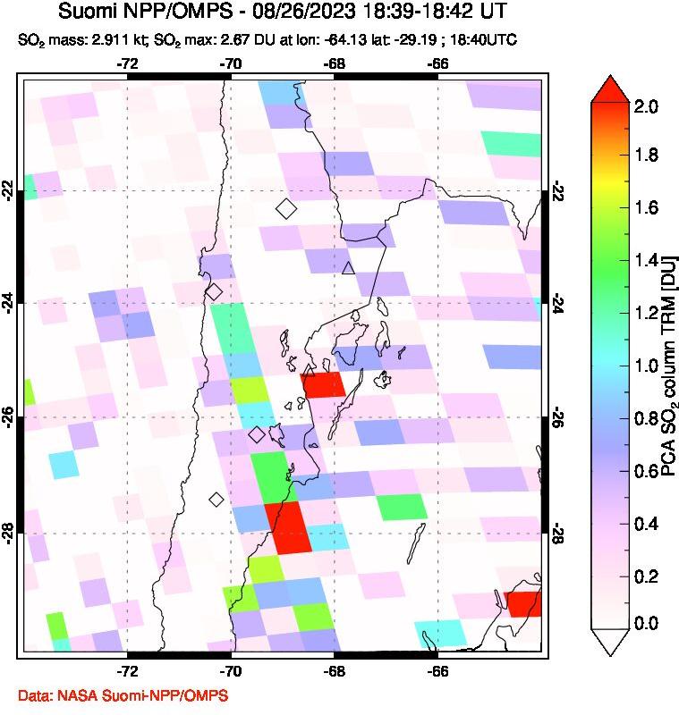 A sulfur dioxide image over Northern Chile on Aug 26, 2023.