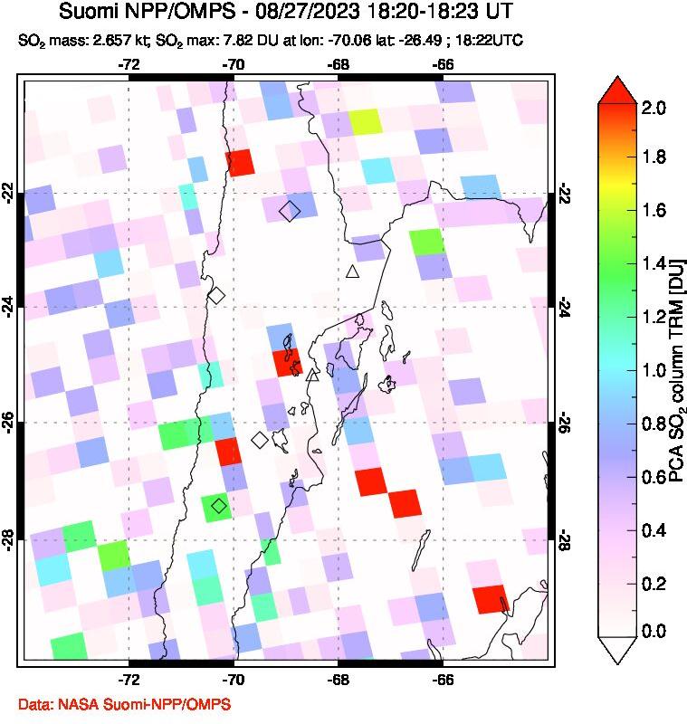 A sulfur dioxide image over Northern Chile on Aug 27, 2023.