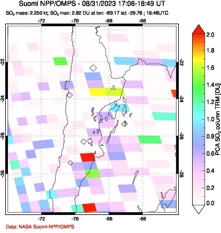 A sulfur dioxide image over Northern Chile on Aug 31, 2023.