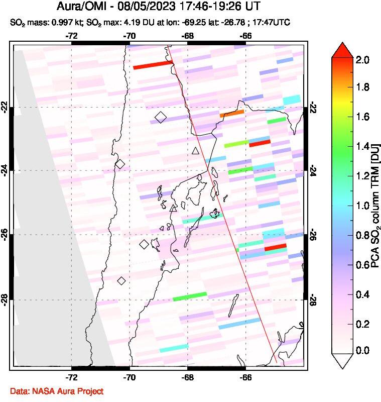 A sulfur dioxide image over Northern Chile on Aug 05, 2023.