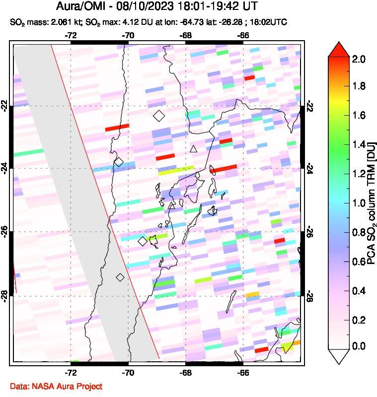 A sulfur dioxide image over Northern Chile on Aug 10, 2023.