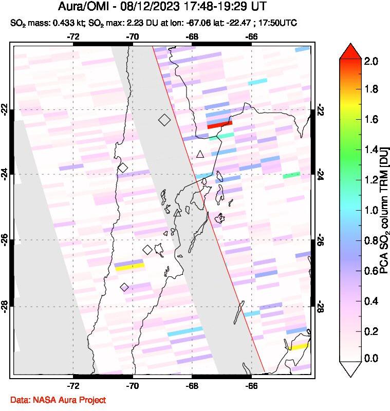 A sulfur dioxide image over Northern Chile on Aug 12, 2023.