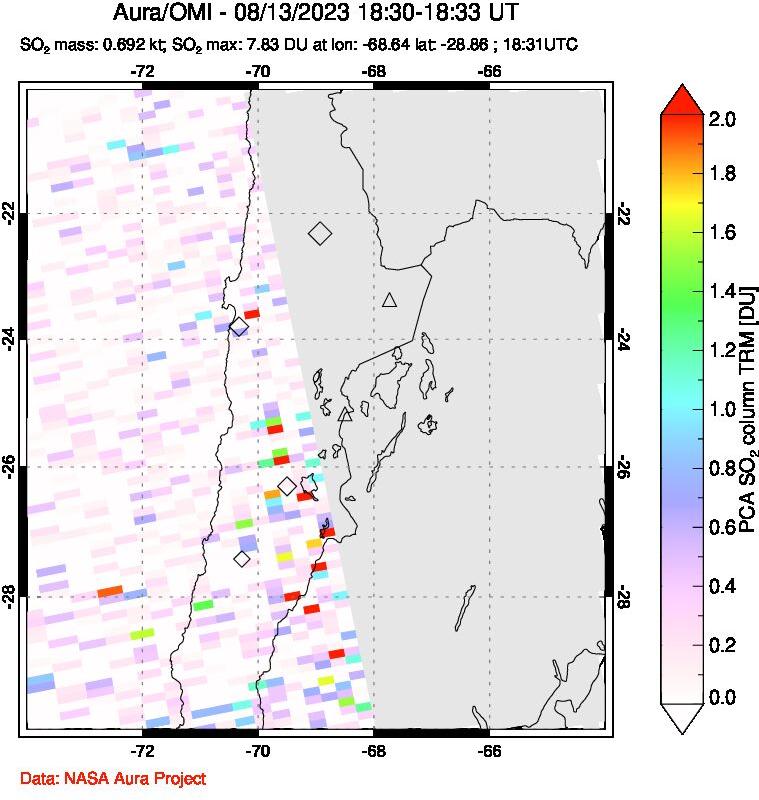 A sulfur dioxide image over Northern Chile on Aug 13, 2023.