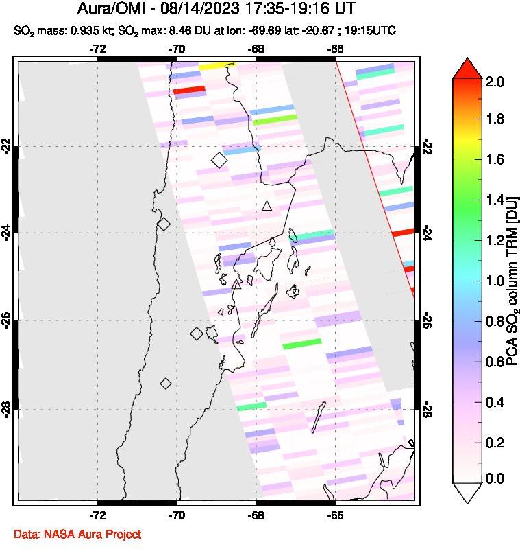 A sulfur dioxide image over Northern Chile on Aug 14, 2023.