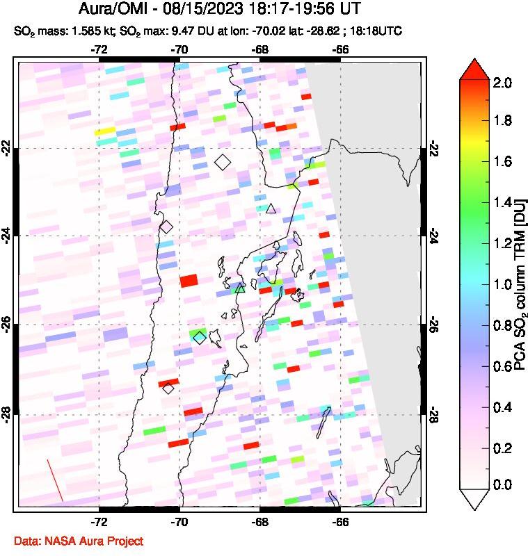 A sulfur dioxide image over Northern Chile on Aug 15, 2023.