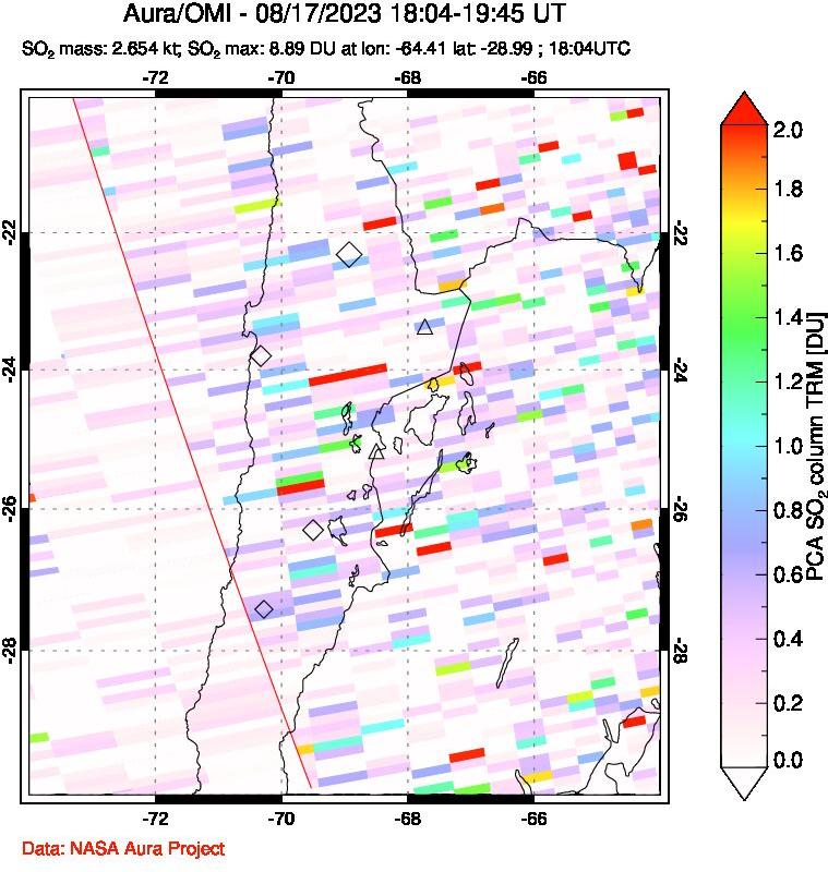 A sulfur dioxide image over Northern Chile on Aug 17, 2023.