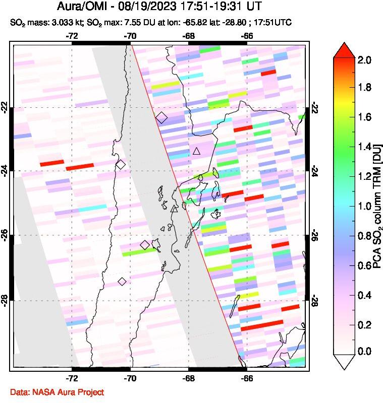 A sulfur dioxide image over Northern Chile on Aug 19, 2023.