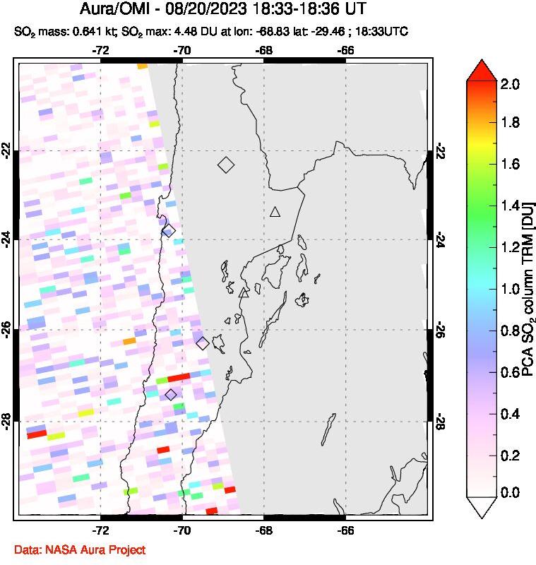 A sulfur dioxide image over Northern Chile on Aug 20, 2023.