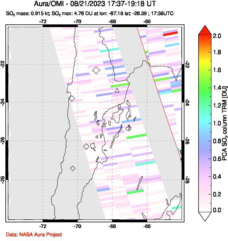 A sulfur dioxide image over Northern Chile on Aug 21, 2023.