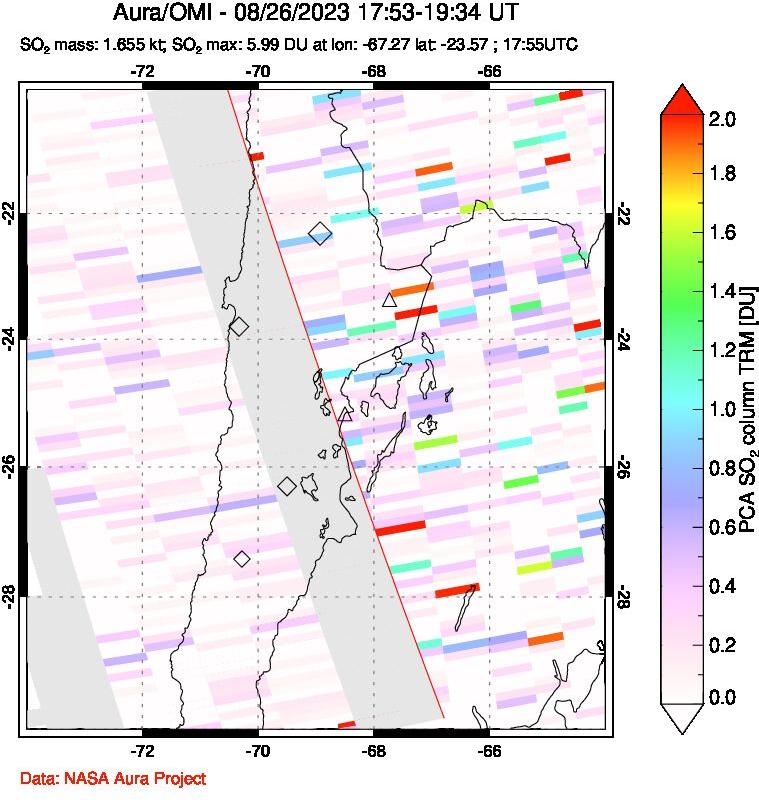 A sulfur dioxide image over Northern Chile on Aug 26, 2023.