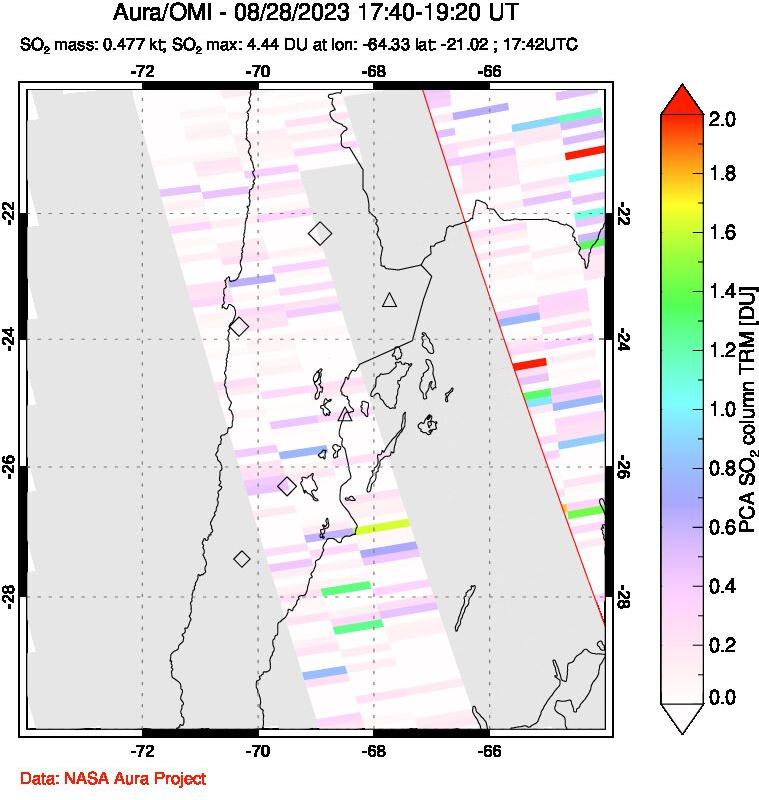 A sulfur dioxide image over Northern Chile on Aug 28, 2023.