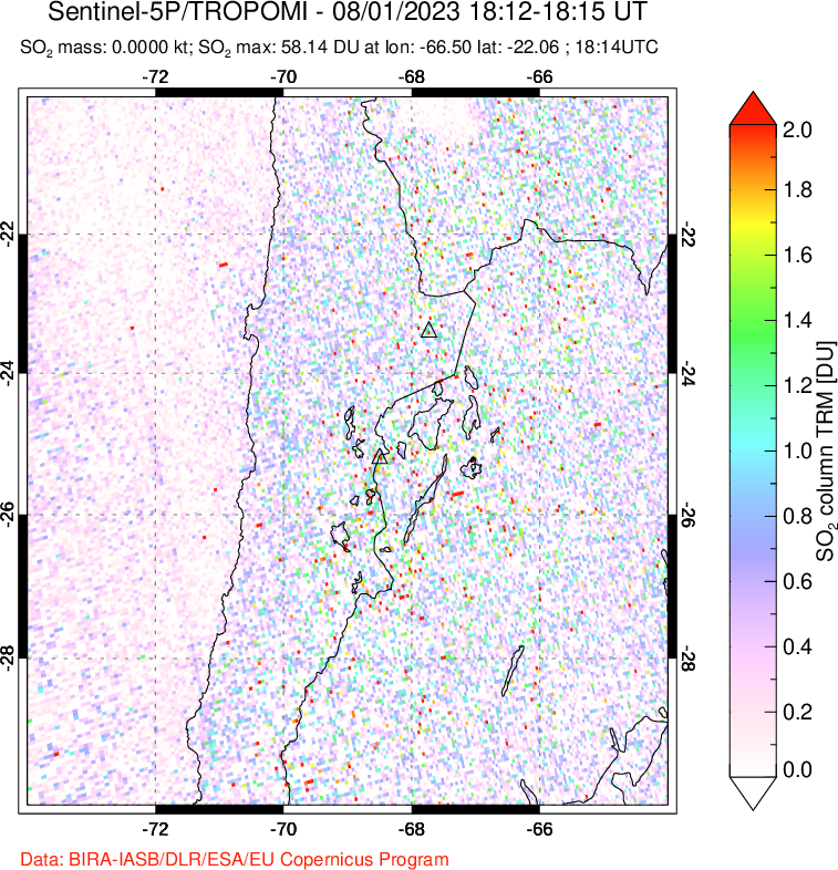 A sulfur dioxide image over Northern Chile on Aug 01, 2023.