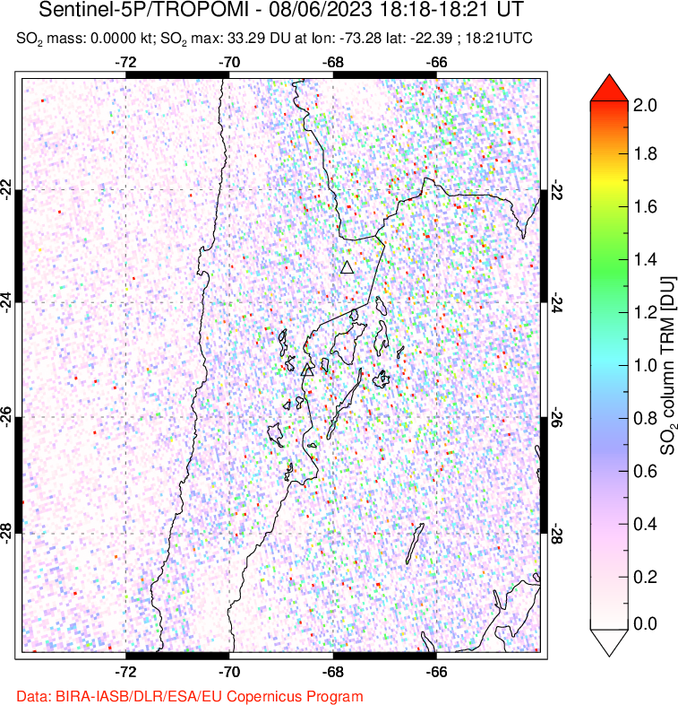 A sulfur dioxide image over Northern Chile on Aug 06, 2023.