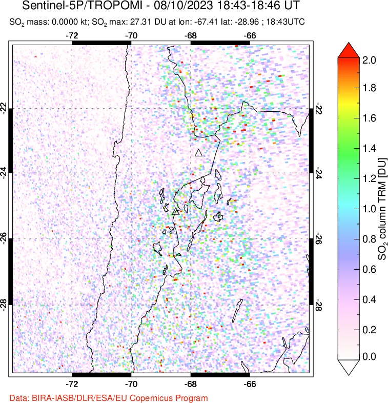 A sulfur dioxide image over Northern Chile on Aug 10, 2023.