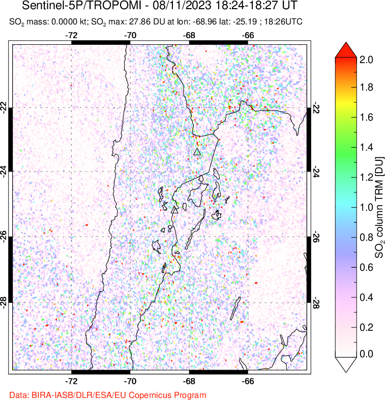 A sulfur dioxide image over Northern Chile on Aug 11, 2023.