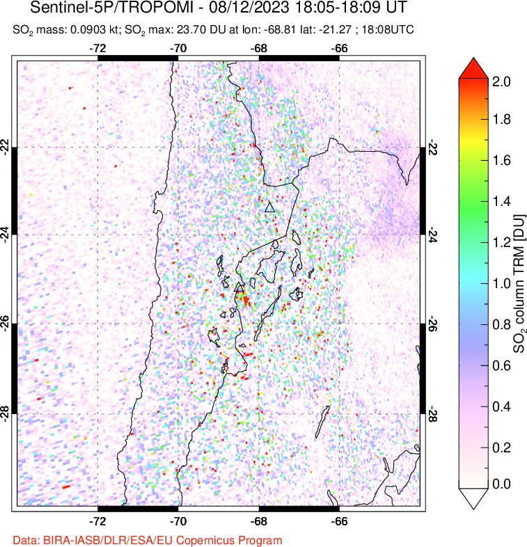 A sulfur dioxide image over Northern Chile on Aug 12, 2023.