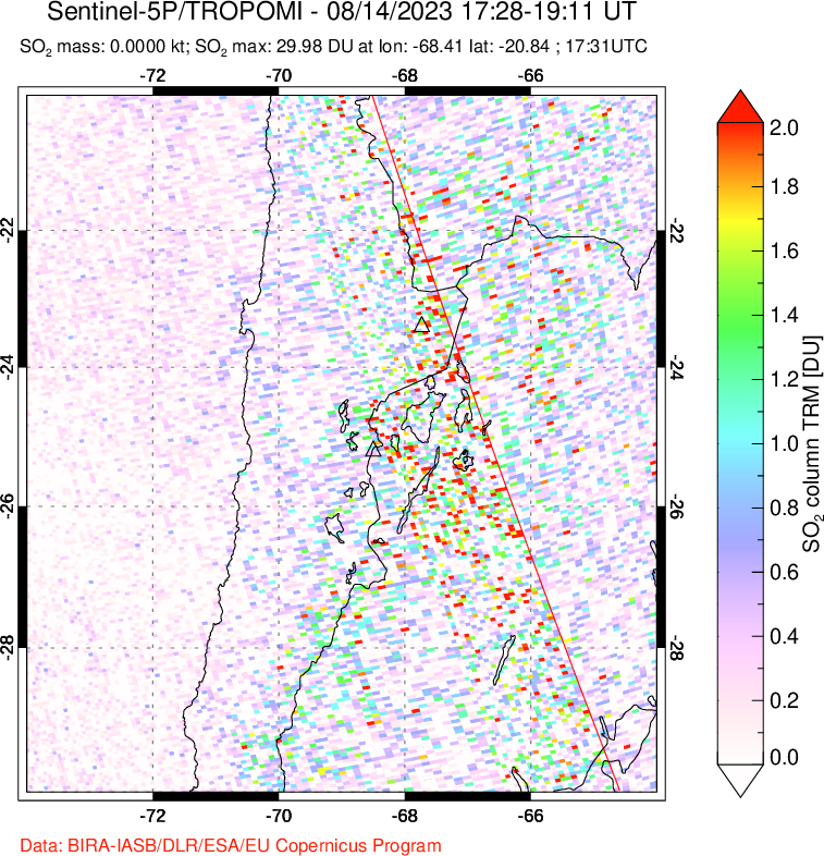 A sulfur dioxide image over Northern Chile on Aug 14, 2023.