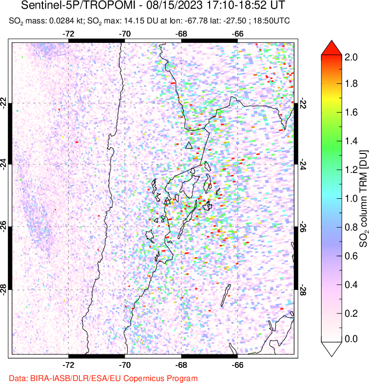 A sulfur dioxide image over Northern Chile on Aug 15, 2023.