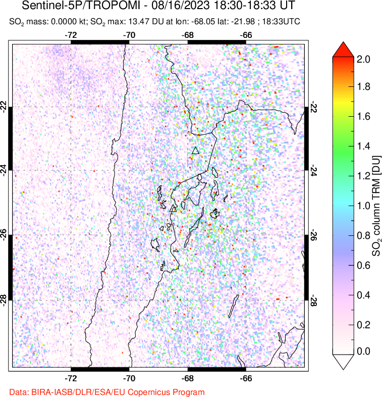 A sulfur dioxide image over Northern Chile on Aug 16, 2023.