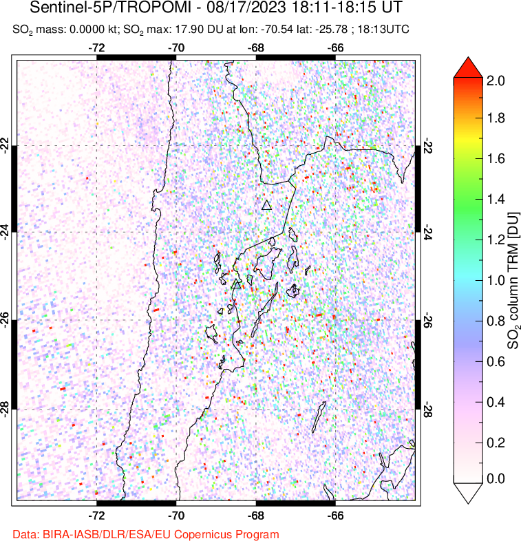 A sulfur dioxide image over Northern Chile on Aug 17, 2023.