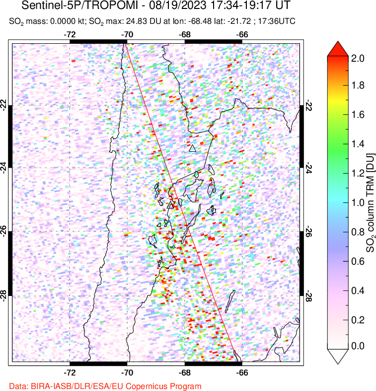 A sulfur dioxide image over Northern Chile on Aug 19, 2023.