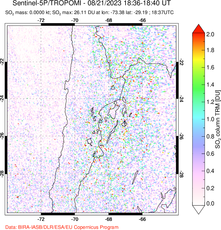 A sulfur dioxide image over Northern Chile on Aug 21, 2023.