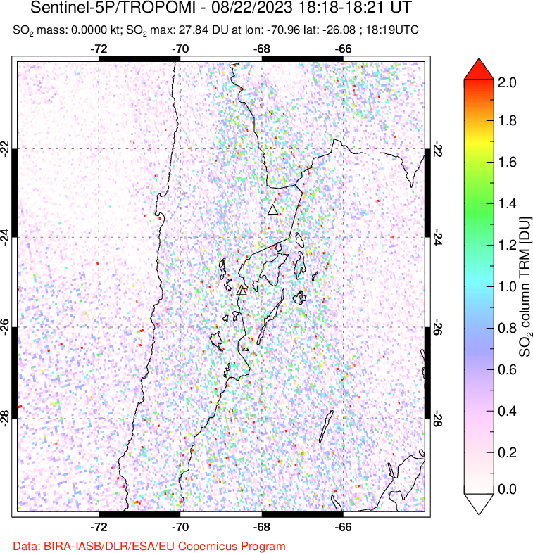 A sulfur dioxide image over Northern Chile on Aug 22, 2023.
