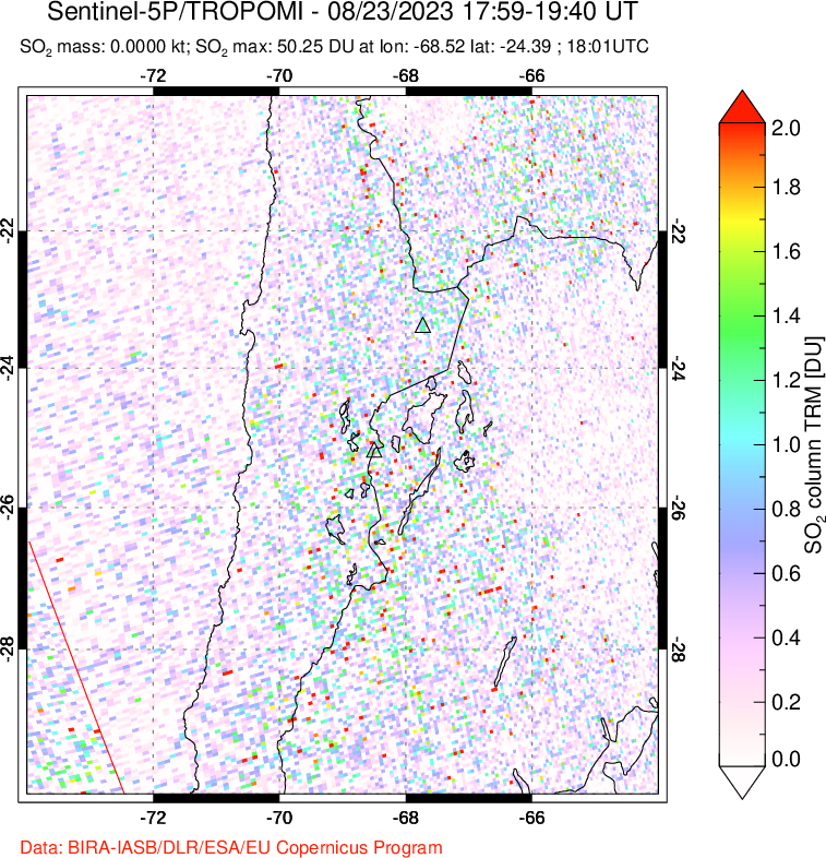 A sulfur dioxide image over Northern Chile on Aug 23, 2023.