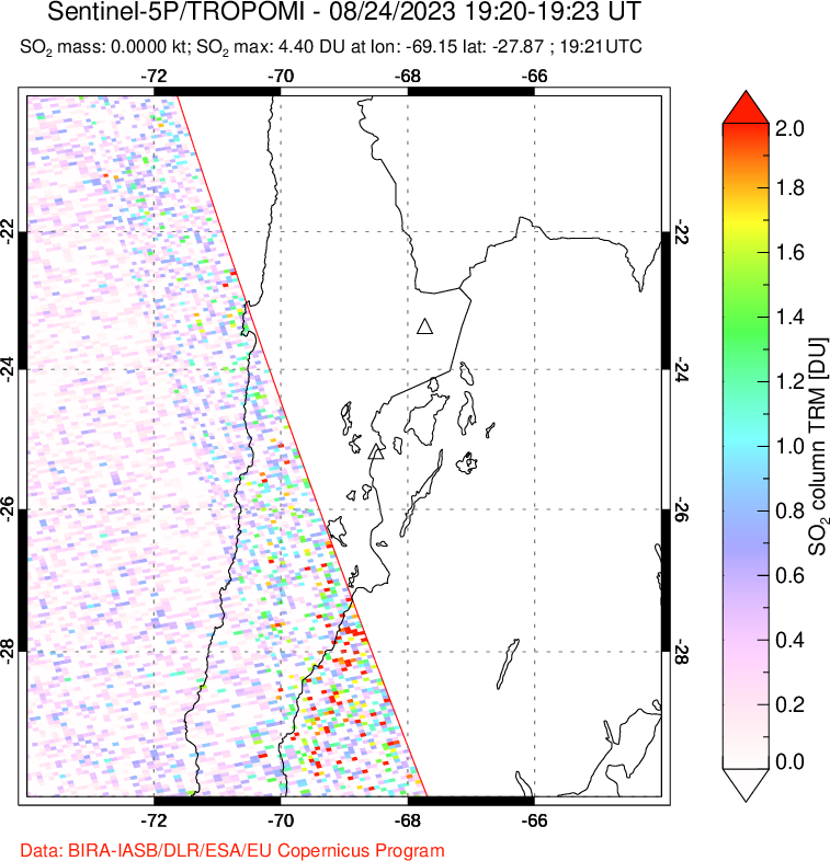 A sulfur dioxide image over Northern Chile on Aug 24, 2023.