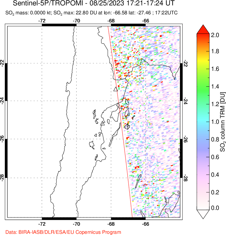 A sulfur dioxide image over Northern Chile on Aug 25, 2023.